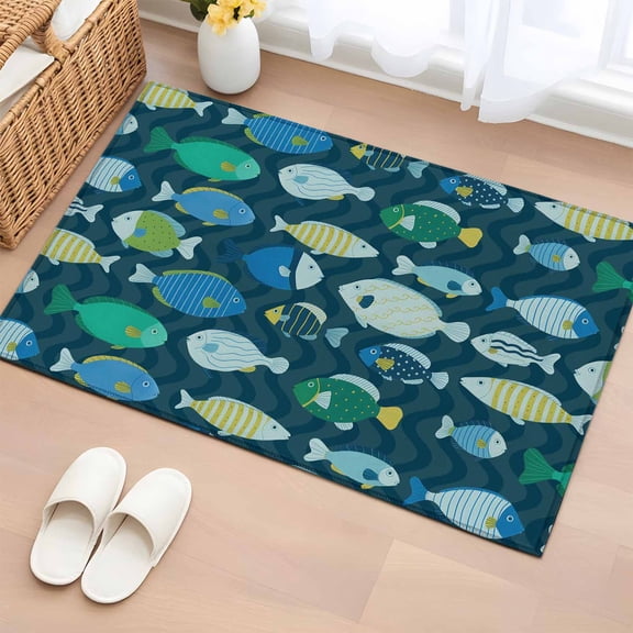 Deep Green Fishes Entryway Rug 2'x3' Non Slip Front Door Mats, Cartoon Coastal Ocean Fish Striped Entrance Rugs Indoor Outdoor Carpet, Washable Floor Mats Small Area Rug for Bedroom Kitchen