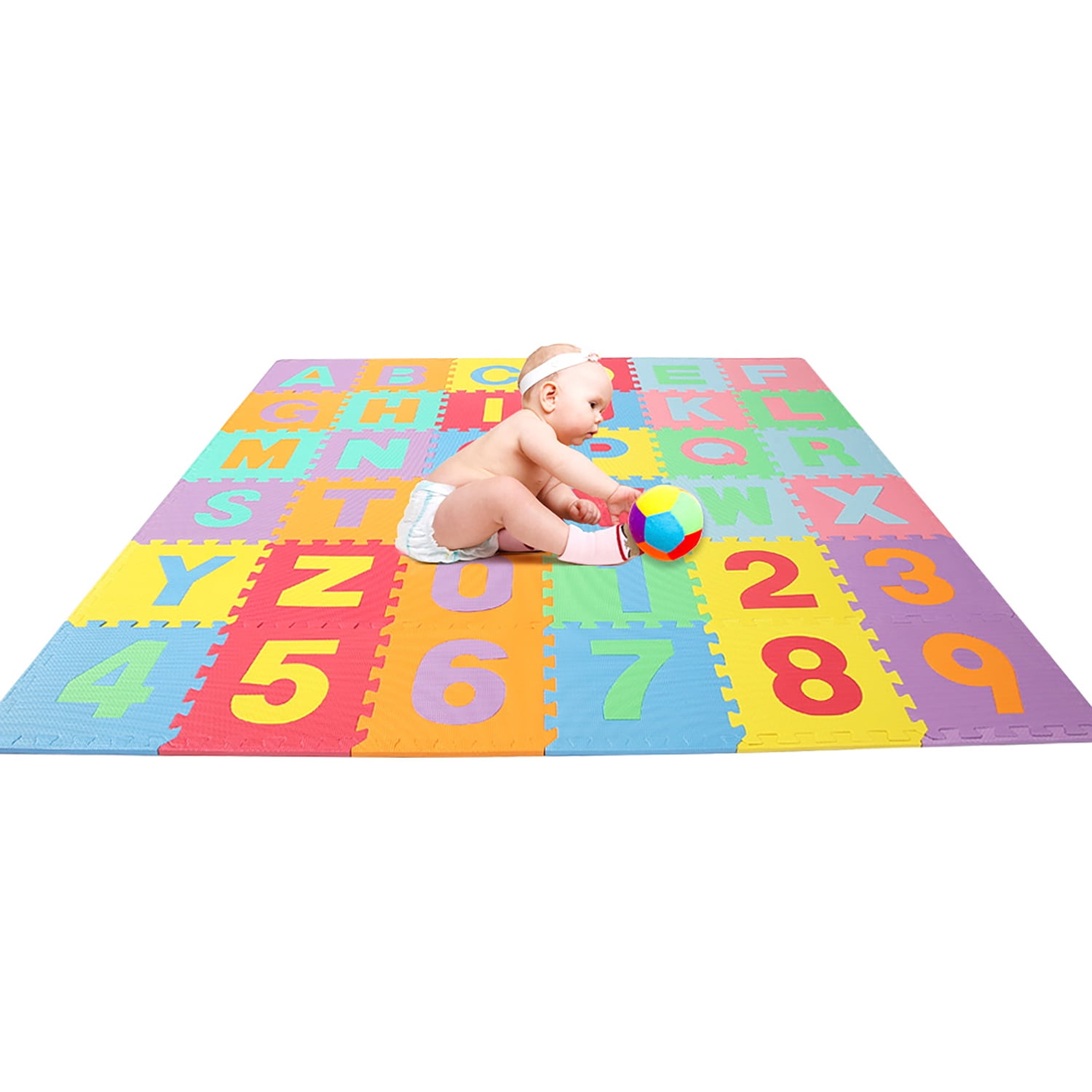 Easy Playhouse Soft Foam Floor Puzzle Tiles for Children, Non-toxic EVA 36 Interlocking Foam Tiles with 24 Borders for Playroom, Nursery or Gym, Numbers and Letters