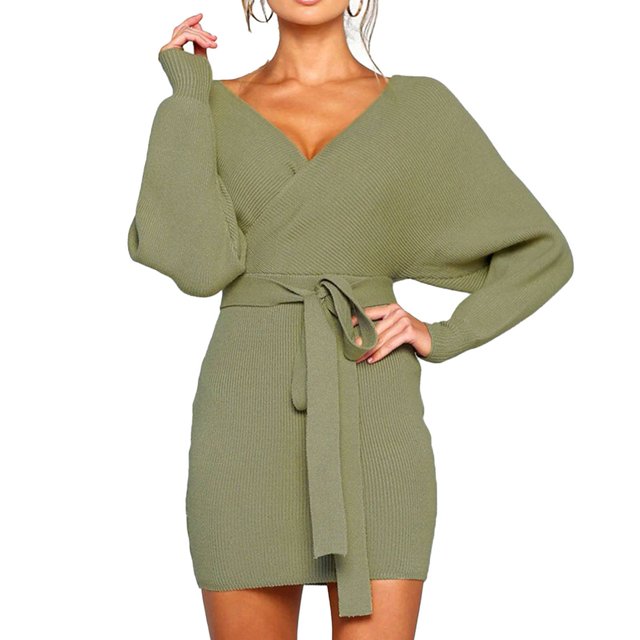 Vestido corto cruzado simulado, vestido corto de punto Vestido corto de punto sin espalda para mujer Ropa para mujer Compacto y ligero