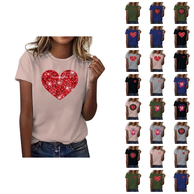 T-shirts de la Saint-Valentin pour Femmes 2026 Mode Manches Courtes Col Rond Cœur Graphique