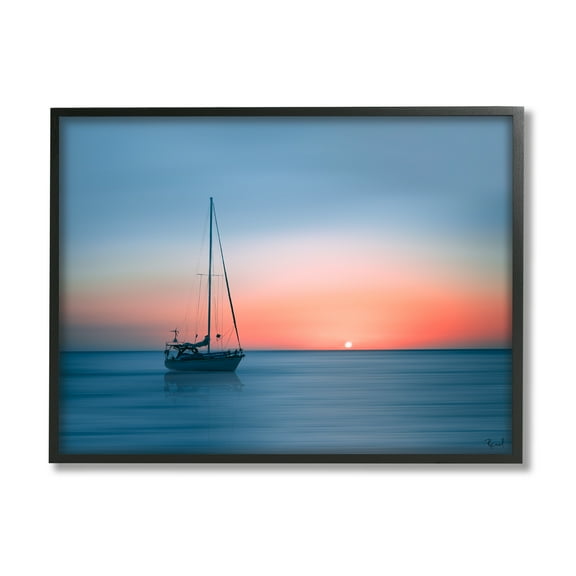 Stupell Industries Boat on Sunset Horizon Transportation Photography Black Framed Art Print Wall Art, 14 x 11