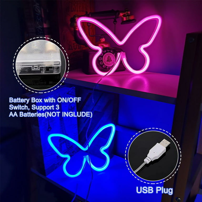 Blue Butterfly Neon Signs Butterfly Neon Lights Butterfly LED Neon Lights  Battery or USB Powered LED Lights Table&Wall Decor Lights Kids Gift Blue