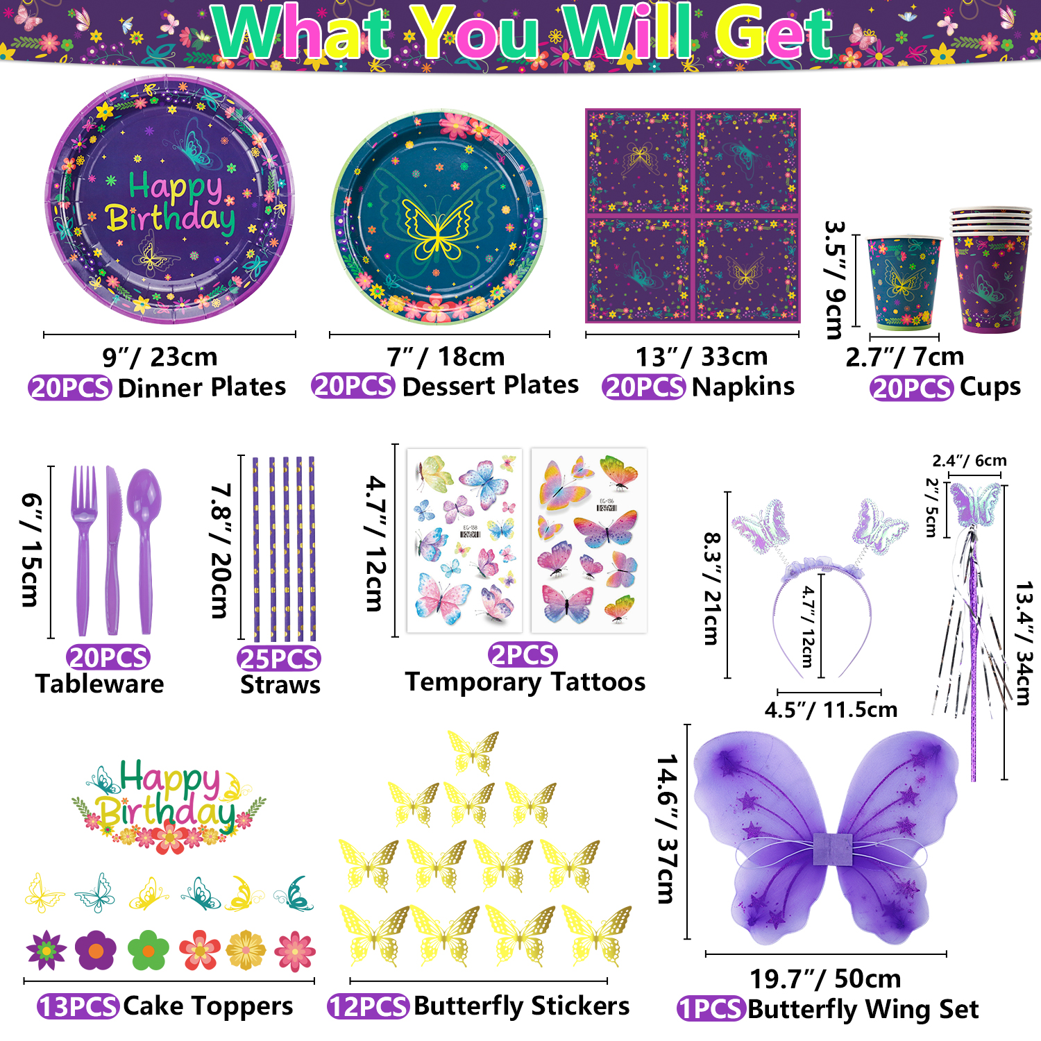 255 Pcs Movie Butterfly Birthday Decorations - Plates, Tablecloth, Balloons, Banner, Temporary Tattoos, Butterfly Stickers, Tableware, Cups, Butterfly Wing Set for Magic Party Supplies - image 2 of 8