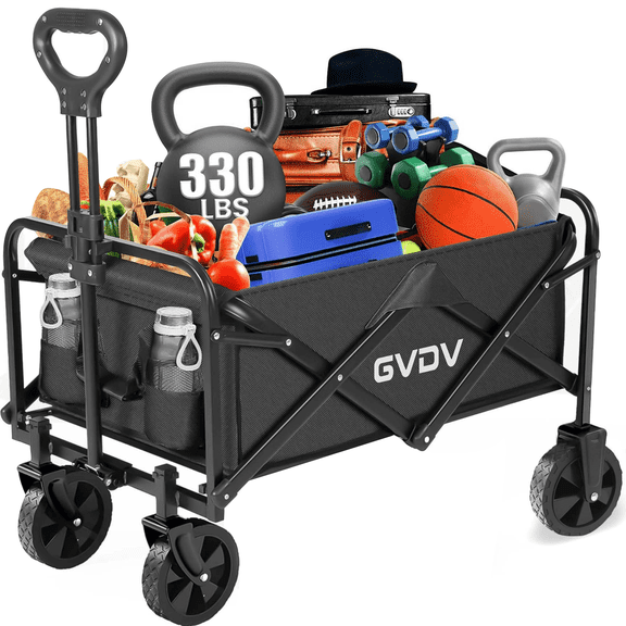 GVDV Collapsible Wagon Cart, Heavy Duty Utility Folding Wagon with All-Terrain Wheels, Portable Cart for Camping, Beach, Sports, Shopping, Black