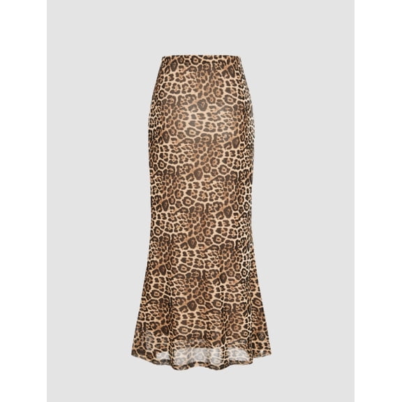 Women's Leopard Print High Waist Midi Maxi Skirt, Elastic Waist Lightweight Viscose Blend Fall Casual Long Skirt