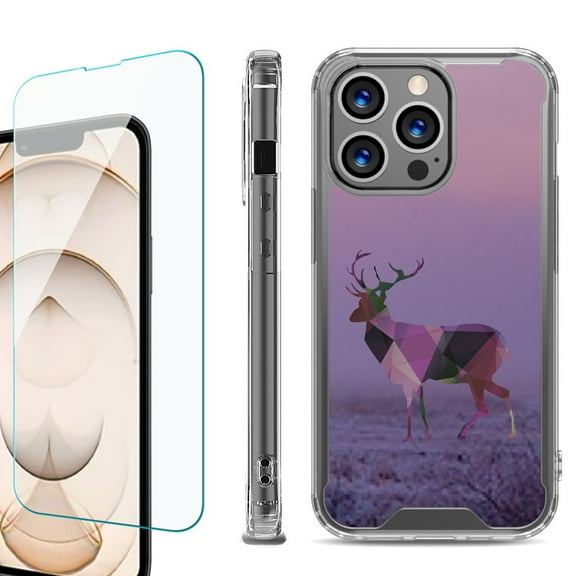 Shockproof Bumper Phone Case for iPhone 13 Pro Max, with Tempered Glass Screen Protector, by OneToughShield ® - Deer/Polygon