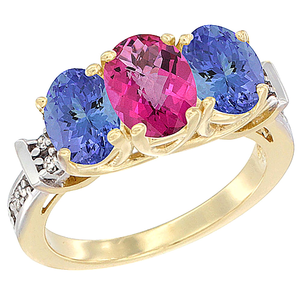 14K Yellow Gold Natural Pink Topaz & Tanzanite Sides Ring 3-Stone Oval Diamond Accent, sizes 5 10 by WorldJewels