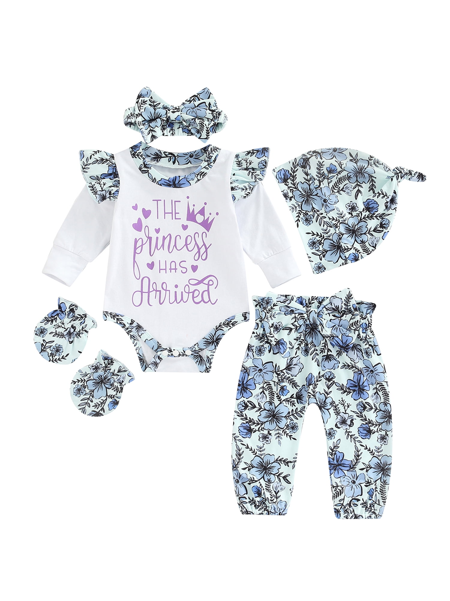 Newborn Baby Girl Outfits Letter Print Long Sleeve Romper+Floral Pants+Hat+Headband+Gloves 5PCS Clothes Set 