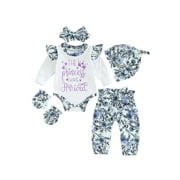 Bagilaanoe Coming Home Outfit for Newborn Baby Girl Long Sleeve Romper Tops + Floral Trousers + Hat + Gloves + Headband 0M 3M 6M Infant Fall Long Pants Set 5CS