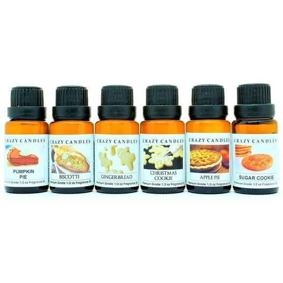 Crazy Candles 6 Bottles Set, 1 Apple Pie, 1 Biscotti, 1 Christmas Cookie, 1 Gingerbread, 1 Pumpkin Pie, 1 Sugar Cookie 1/2 Fl Oz Each (15ml) Premium Fragrance Oils