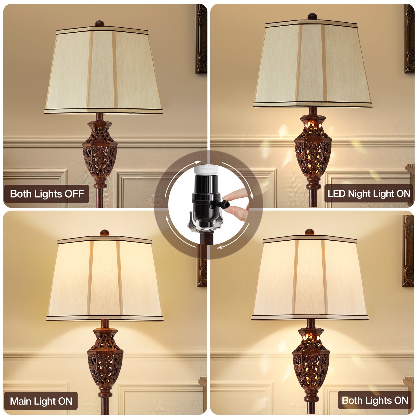 NATYSWAN Vintage Floor Lamp for Living Room,63in Resin Brown Standing Lamp with 6-Sided Carved Hollow Light Design,Mid-Century Tall Lamps for Bedroom, Study