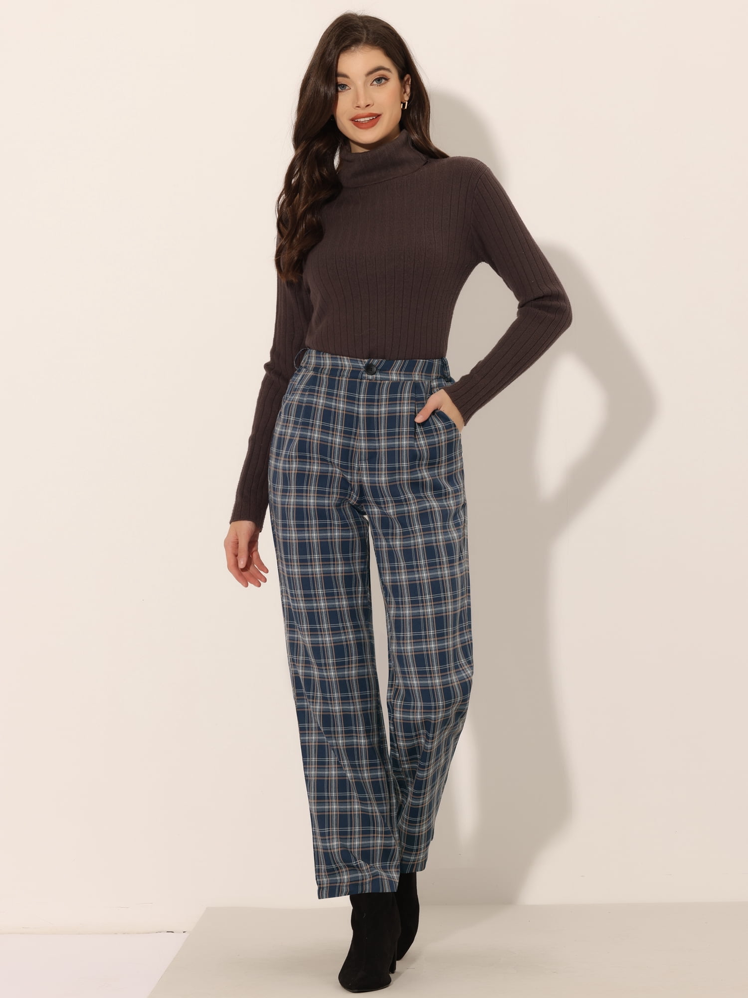 DARING DIVA Women's Plaid Trousers Pockets Straight Leg Casual Pant XS Dark Blue Beige
