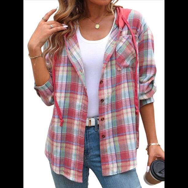 Sudadera con Capucha A Cuadros Estilo para Mujer, de Larga, con Botones y Cordón, Informal, para Otoño, con Bolsillo. Rojo L