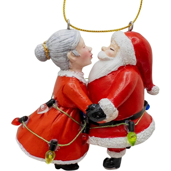Santa and Mrs Claus Kissing Wrapped in Lights Christmas Tree Ornament