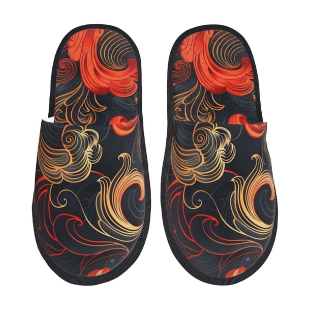 Balery Fiery Floral Pattern Pantuflas de Casa de Felpa Silenciosas con Diseño Estampado, Zapatillas Cómodas Antideslizantes de Algodón para Interior-Medium