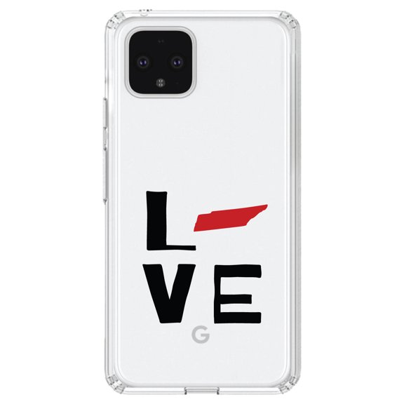DistinctInk Clear Shockproof Hybrid Case for Google Pixel 4 XL (6.3" Screen) - TPU Bumper Acrylic Back Tempered Glass Screen Protector - Tennessee - Love Black & Red