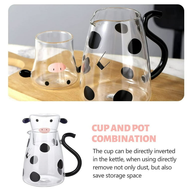 Koaiezne Cartoon Cow Clear Glass Night Water Bottle Set with Glass Water Bottle and Night Cup Hot Mug for Coffee Clear Insulated Coffee Cups with