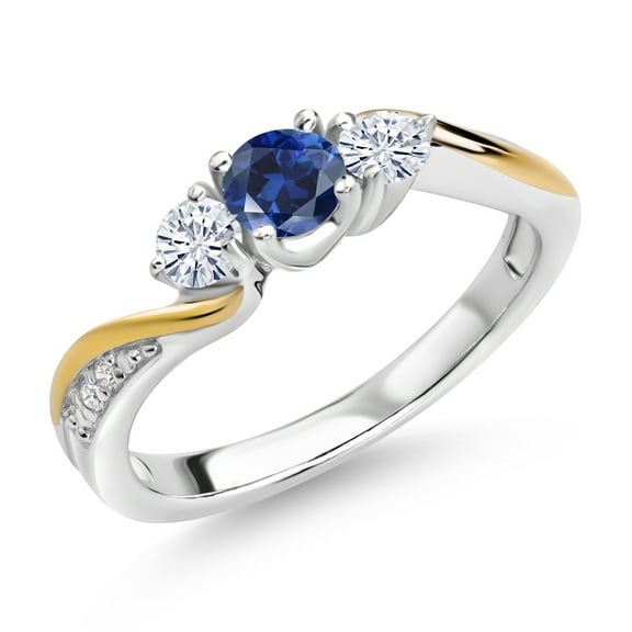 Gem Stone King 925 Silver and 10K Yellow Gold Blue Created Sapphire White Moissanite and White Lab Grown Diamond 3 Stone Engagement Ring for Women (0.48 Cttw, September Birthstone, Size 9)
