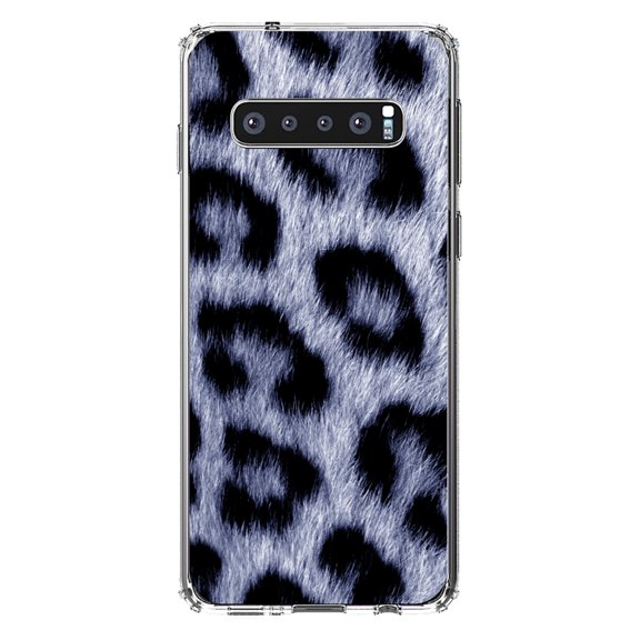DistinctInk Clear Shockproof Hybrid Case for Samsung Galaxy S10 (6.1" Screen) - TPU Bumper, Acrylic Back, Tempered Glass Screen Protector - Blue Black Leopard Fur Skin Print