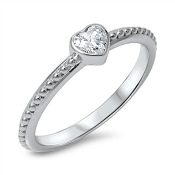 Small Heart Clear Cubic Zirconia Ring .925 Sterling Silver Ball Band White Jewelry Female Size 6
