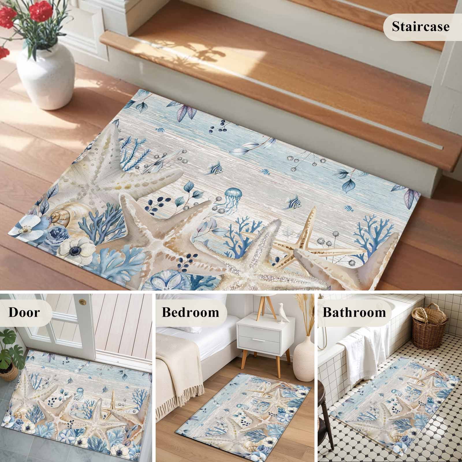 2x3 Ft Entryway Area Rug, Blue Beige Coastal Kitchen Rug Runner Washable Floor Mat, Beach Starfish Summer Eucalyptus Vintage Non Slip Indoor Door Mat Throw Carpet for Bathroom Living Room Bedroom