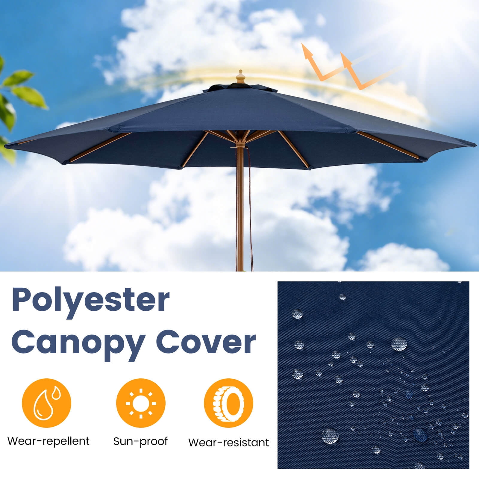 Costway 9 FT Patio Umbrella with Adjustable Height, Rope Pulley Lift, Vented Top for Beach Navy Blue