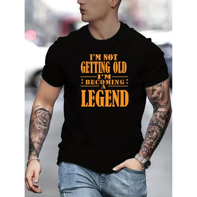 Camiseta creativa con estampado gráfico "No envejezco, me estoy convirtiendo en leyenda" para hombre, informal, de manga corta y cuello redondo, ligeramente elástica, ideal para verano y actividades a