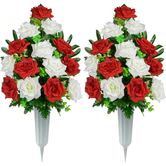 Artificial Cemetery Flowers, Memorial Rose Flowers Grave Decoration Flower Bouquets with Vase for Cemetery Graveyard Headstones Decor, Set of (Red&White)