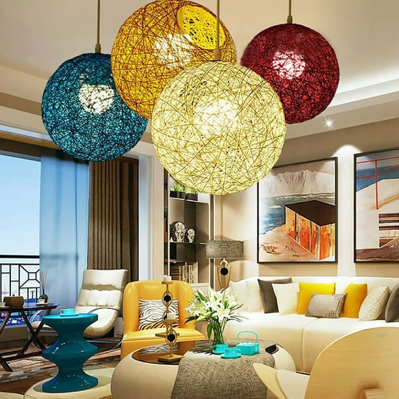 UNOMOR 1pc Hanging Boho Lamp Decorative Lamp Brown Rattan Pendant Lightshade Rustic Style Lighting