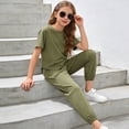 thumbnail image 5 of Ruiwill Girls Outfit Set Crew Neck Short Sleeve Solid Color Tops With Pants Set Summer Dailywear Casual Lightweight Girls Clothes Set Size 6-7 Years Army Green, 5 of 6