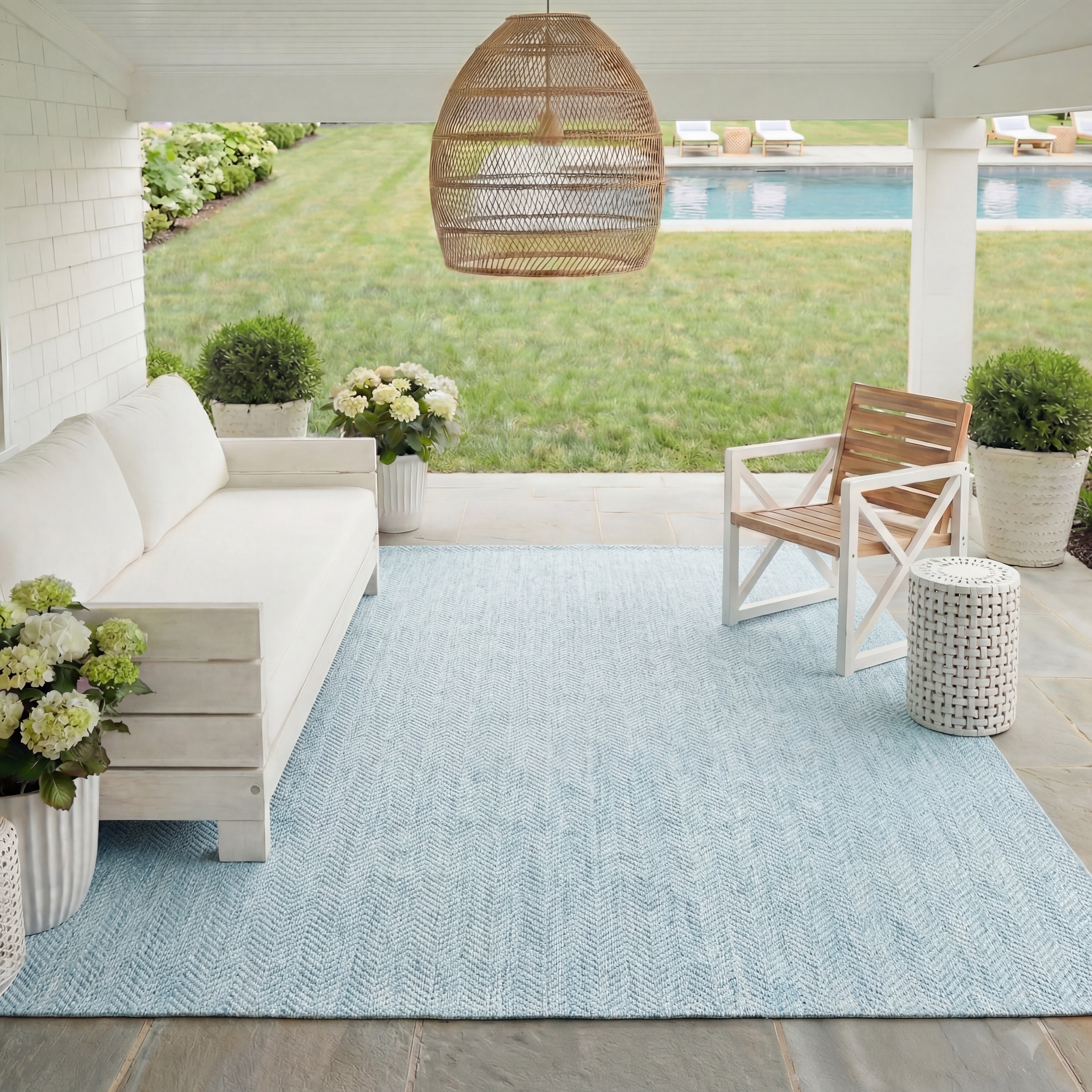 SAFAVIEH Courtyard Morven Chevron Stripes Indoor/Outdoor Area Rug, 6'7" x 9'6", Aqua/Grey