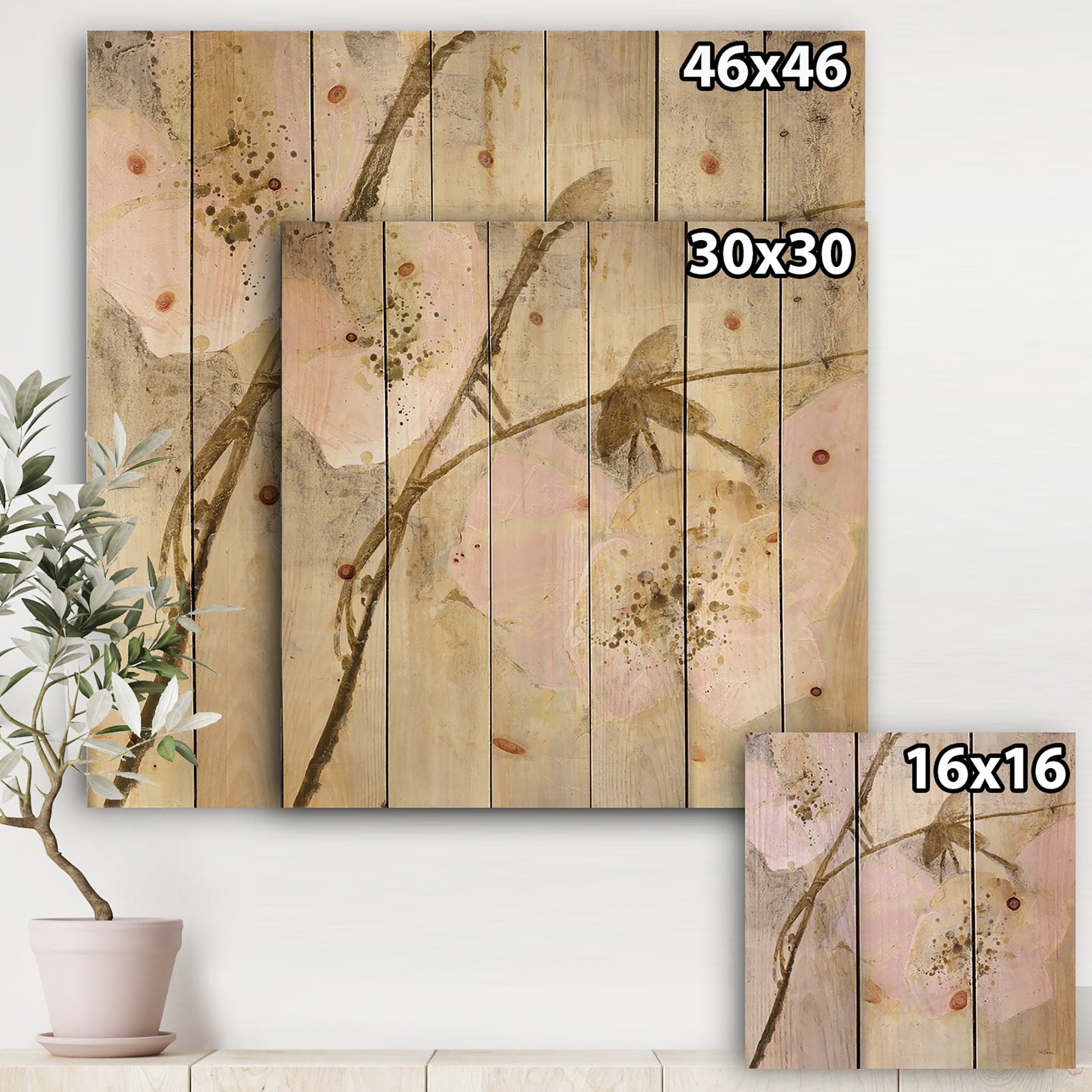 Designart 'Elegance II Pink' Shabby Chic Print on Natural Pine Wood