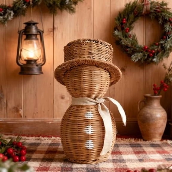 Littleplum Christmas Decorations,Rustic Wicker Snowman Figurines with Scarf,Vintage Rattan Snowman Statue for Winter Holiday Xmas Home Table Shelf Fireplace Desk Room Snowman Decor,16.7",Brown