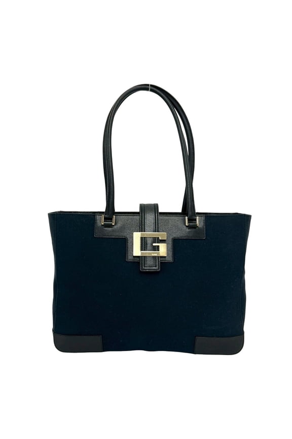 Pre-Owned GUCCI G-logo hardware canvas leather genuine tote bag handbag semi shoulder black...