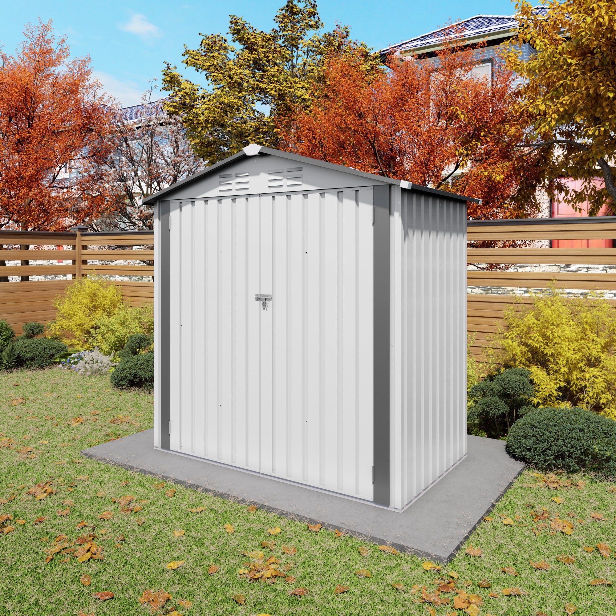 Aukfa 6x3.6 FT Outdoor Storage Shed with Lockable Door & Peaked Roof, Waterproof Garden Shed, Compact Metal Shed for Backyard, Patio, Bike & Tool Storage, White