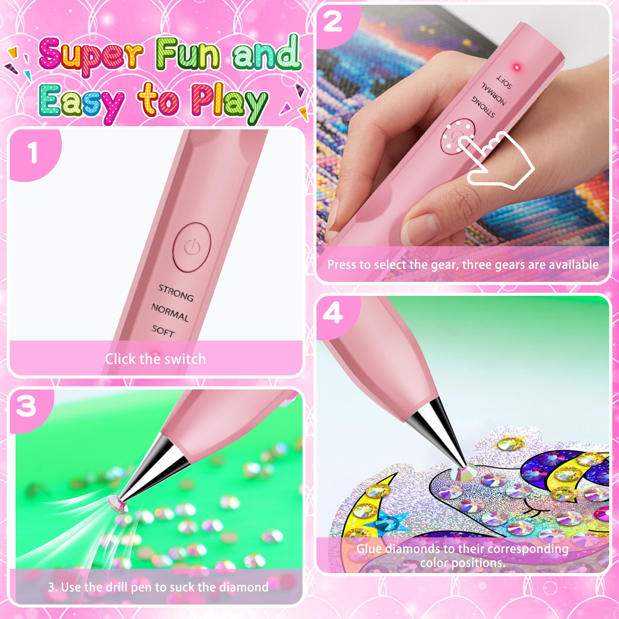 Diamond Painting Pen with Vacuum Pump, No Wax Needed, Lightweight Design, 3 Adjustable Suction Mode & Rechargeable, DIY Diamond Art Accessories and Tools(Pink)