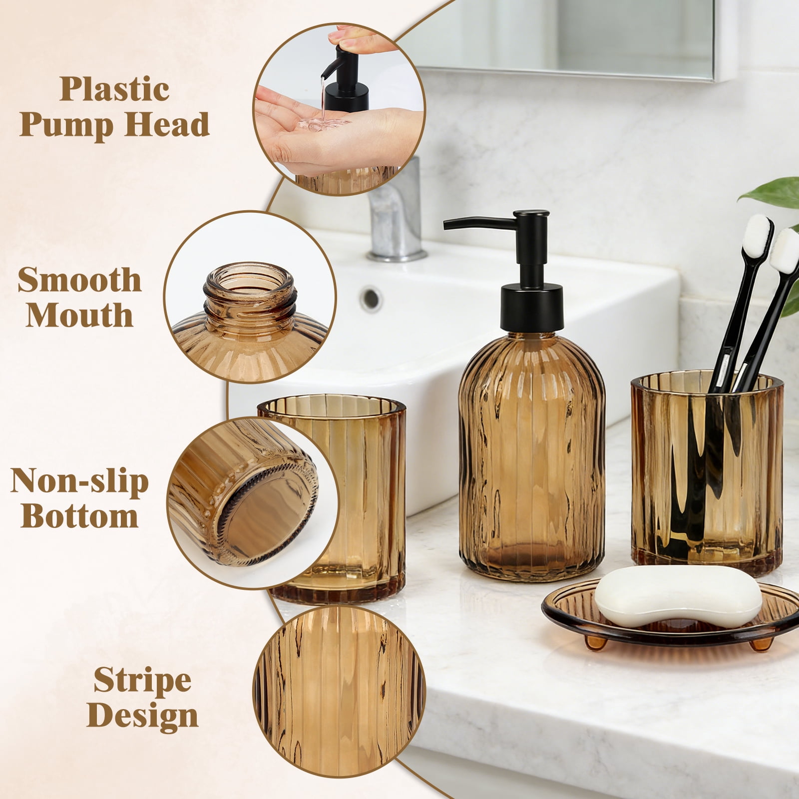 Bathroom Accessories Set, 4Pcs Bathroom Glass Soap Dispenser Set ,with Soap Dispenser , Soap Dish, Tumbler,Brown