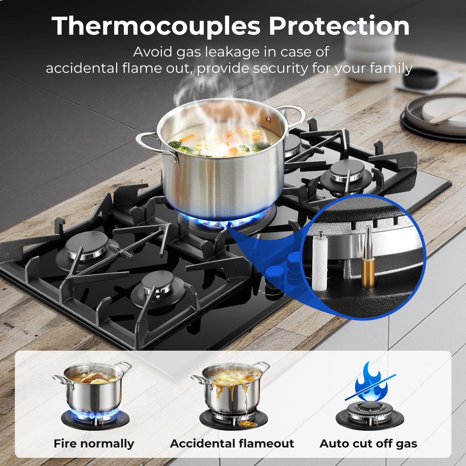 AMZGACHFKTCH 30-Inch 5-Burner Gas Stove, Built-in NG/LPG Convertible
