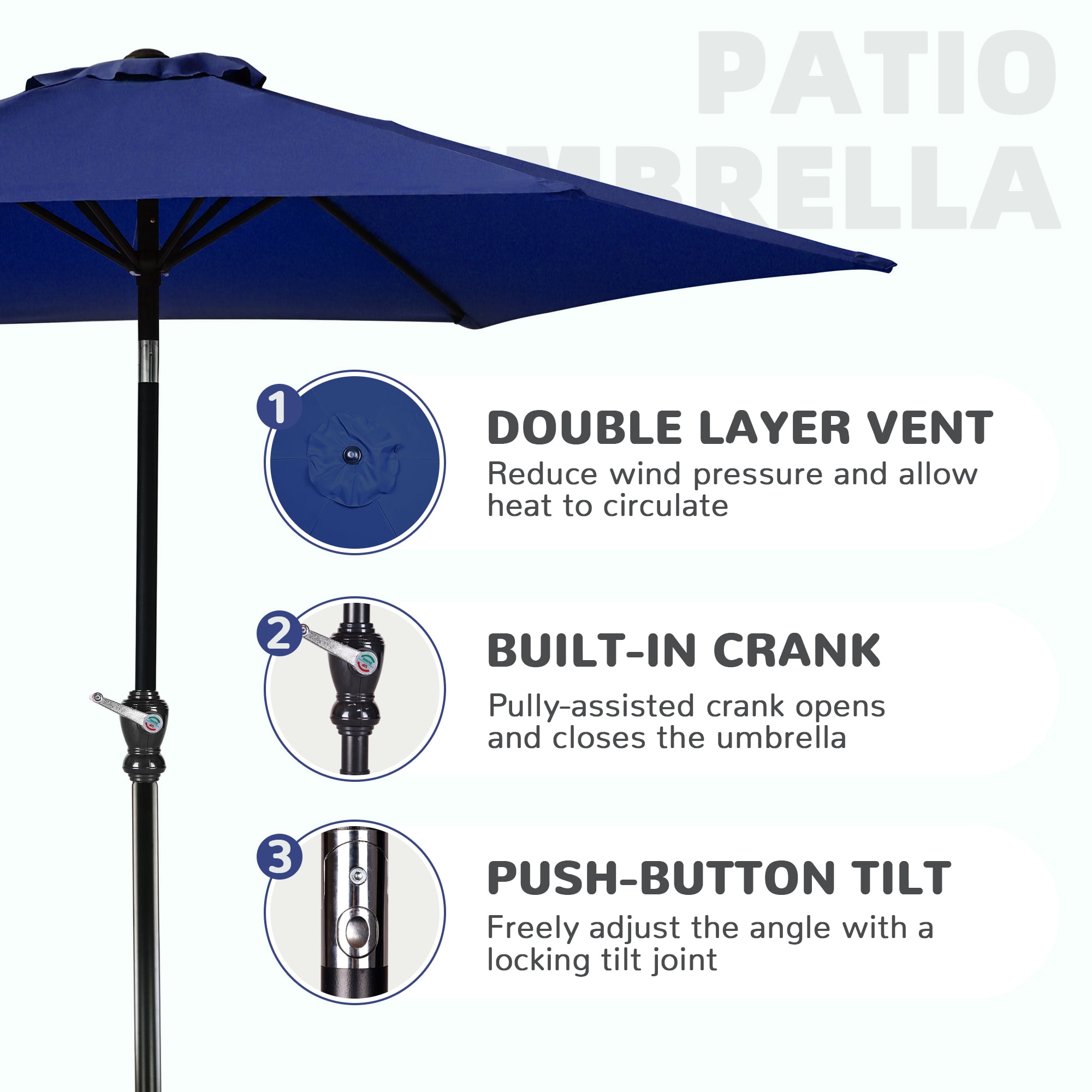 FlexWave 9FT Outdoor Market Patio Umbrella, UV-Resistant Sunshade，with Push Button Tilt & Crank, for Garden, Deck, Poolside