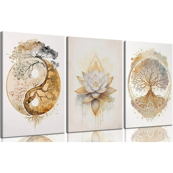 Tree of Life Canvas Wall Art Gold Lotus Zen Painting Picture Wall Decor Abstract Yin Yang Poster Print Artwork for Living Room Yoga Room Hotel Bedroom Home Decoration Wood Color