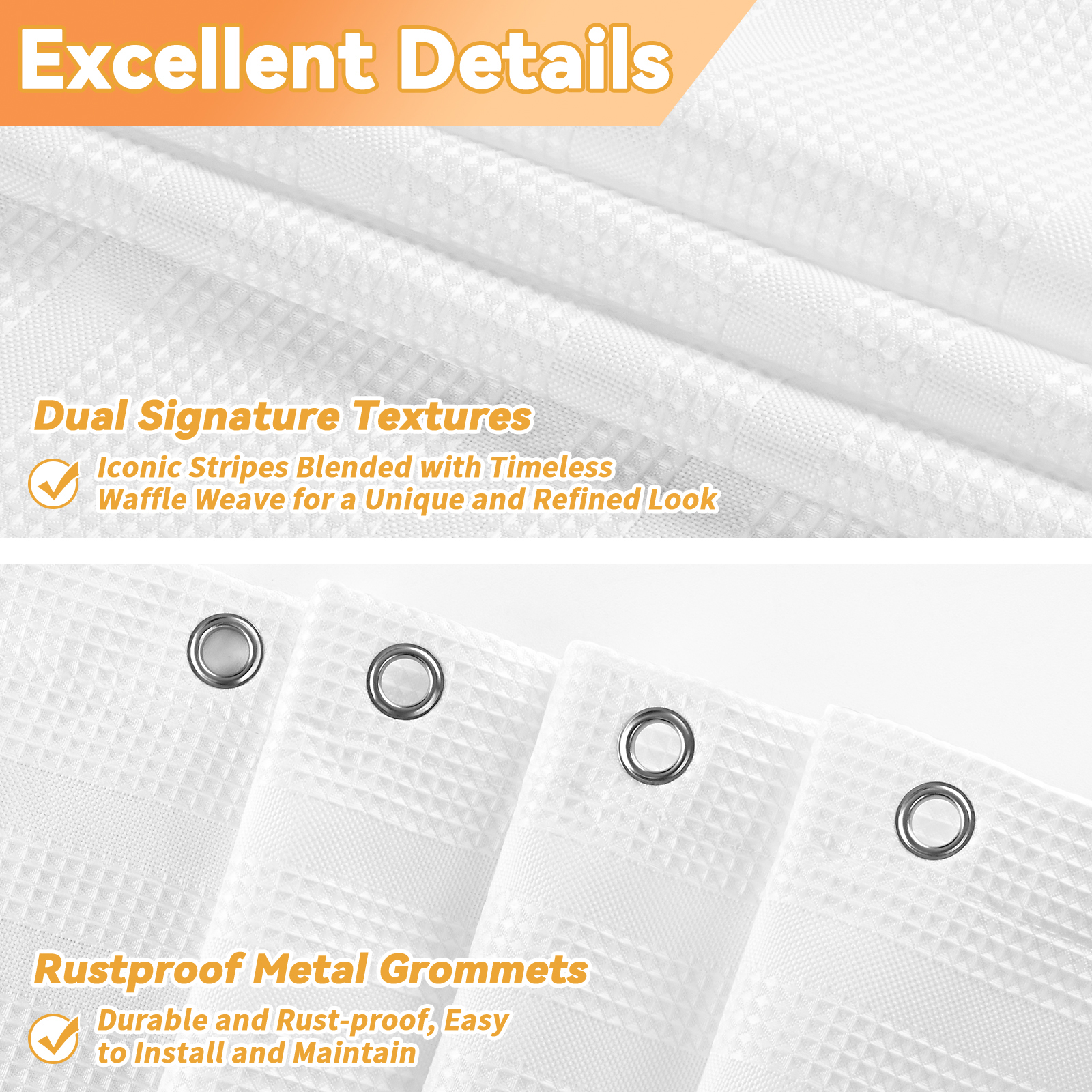 FRAMICS Waffle Weave Shower Curtain Sets with Rug, 14-Piece Striped Bathroom Sets with Hooks, Heavy-Duty Waterproof Fabric, Hotel Grade, White, 71.3" x 71.3"