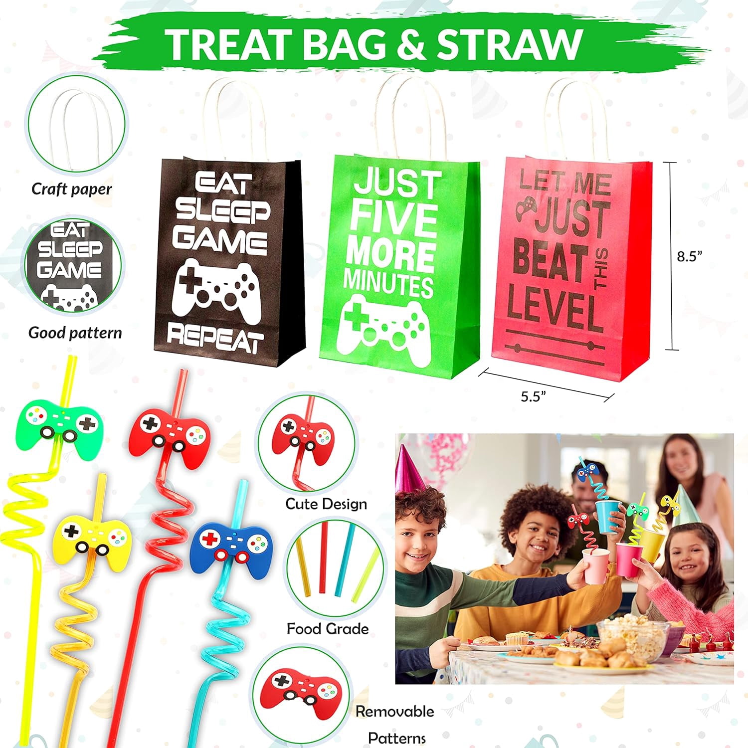Happy Greetings 86 Pcs Video Game Party Favors for Kids, Gaming Party Favors - 12 set of Game ON Pass Keychain Wristband Treat Bags Straws, Level UP Themed Gamer Boys Birthday Goodie Bag Fillers