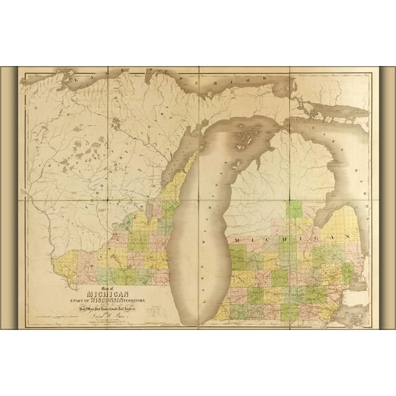 24"x36" Gallery Poster, 1839 map of michigan and wisconsin