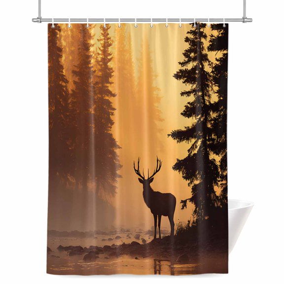 Shower Curtains for Bathroom-36"x72",Deer Pine Trees Golden Light Waterproof Bath Curtain Grommet Shower Curtain Set with Hooks