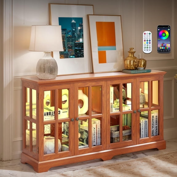 Eyisean 59" W LED Glass Display with 7 Color Lights, Vintage Curio Cabinet with 4 Glass Doors and Adjustable Shelves, Wooden China Case with Smartphone-Controlled for Living Room
