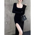 thumbnail image 7 of Sexy Side Slit Dress for Women Tight-fitting Wrap Hip Over-the-knee Long Sleeved Dresses Black Street Bodycon Spring Autumn, 7 of 7