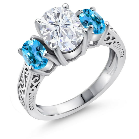 Gem Stone King 925 Sterling Silver Swiss Blue Topaz Ring Set with Moissanite (3.20 Cttw) (Size 5)