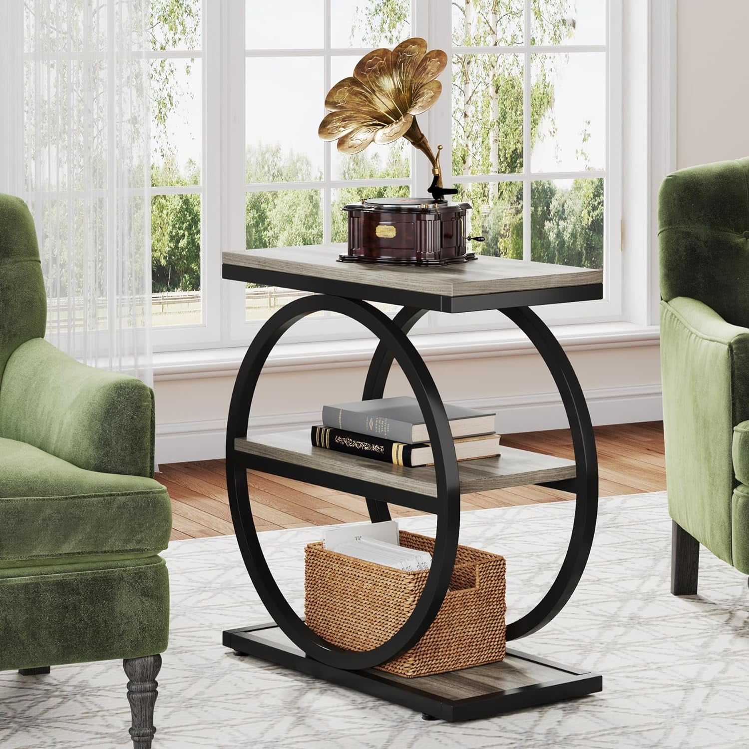 Tribesigns End Table, Wood Side Table with Black Metal Frames, Narrow End Table with 3 Storage Shelves for Living Room