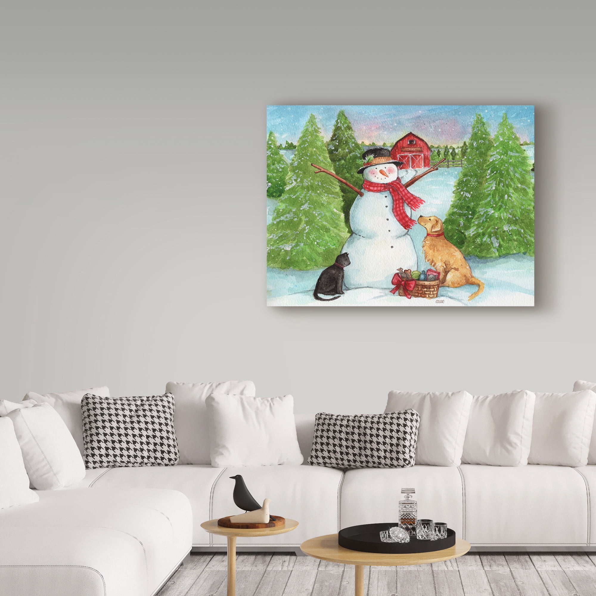Trademark Fine Art 'Snowman Dog And Cat Farm Horizontal' Canvas Art by Melinda Hipsher
