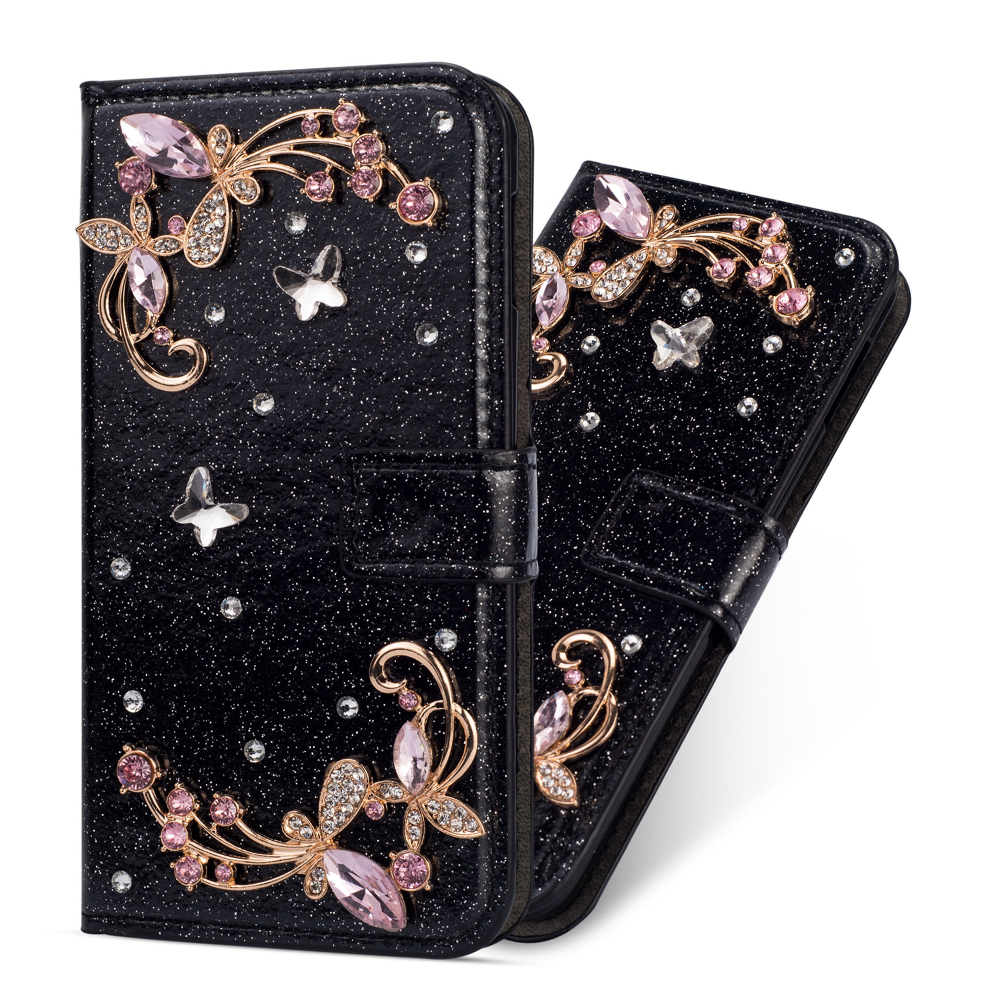 Herbests Compatible with iPhone XS/iPhone X Wallet Case Glitter Bling Diamond Rhinestone Leather Flip Cover Embossed Mandala Flower Owl Design Protective Case Credit Card Holder,Pink 